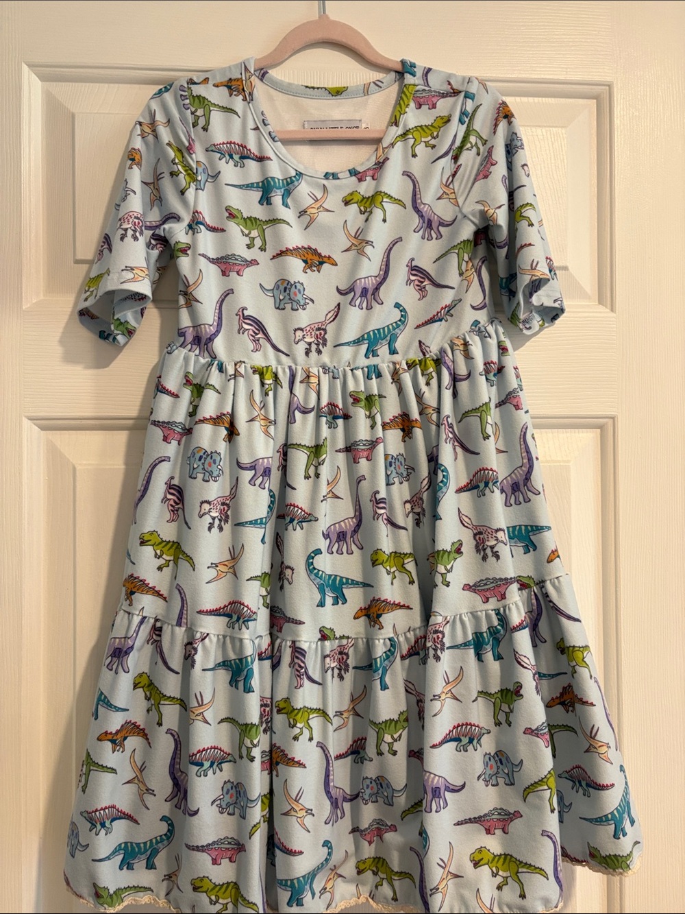 Light Blue Dino Print Tiered Kids Casual Dress